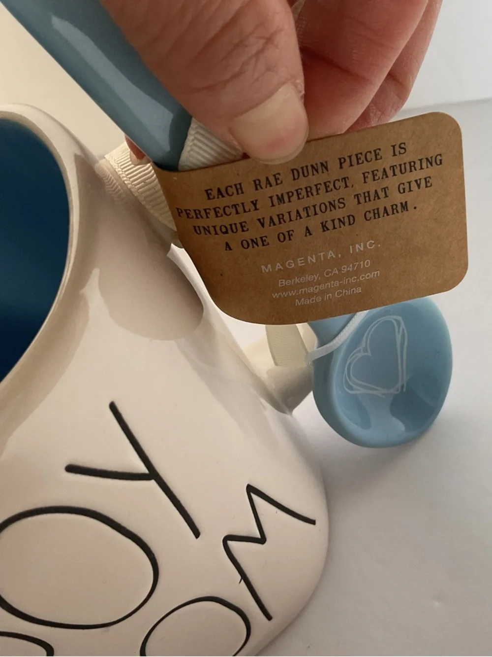 Rae Dunn Boy Mom White Cup Mug 16oz w/ Blue Spoon Gift Set Brand New Baby Shower